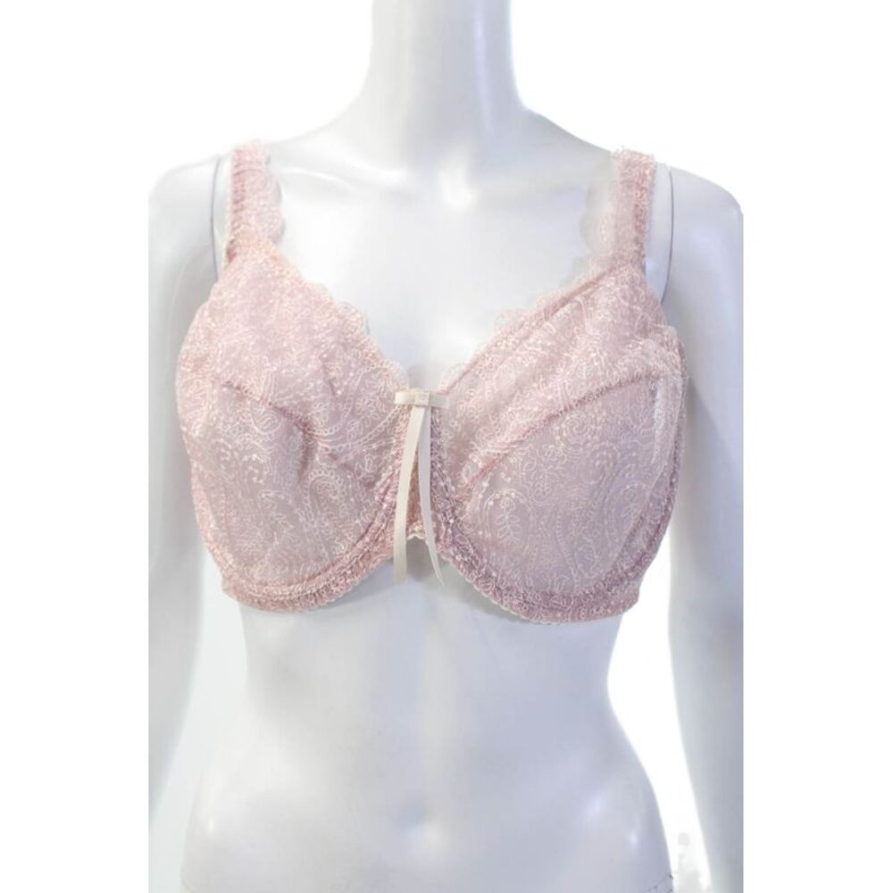 Fayreform Womens Sheer Floral Print Bow Accent Full Coverage Bra Pink Size 38E